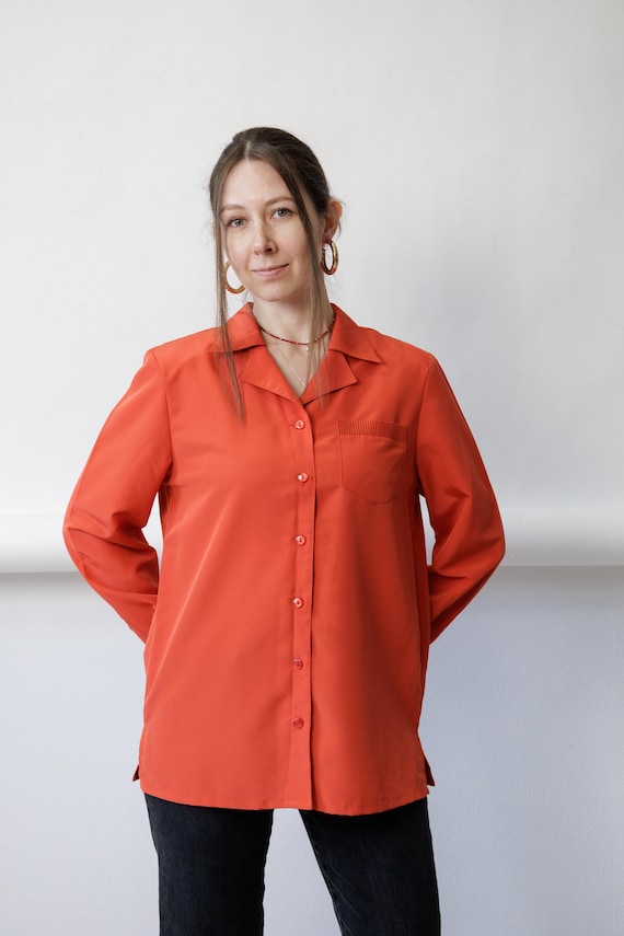 90s Orange Secretary Blouse Vintage Notch Collar Longline Long Sleeve Shirt Size M
