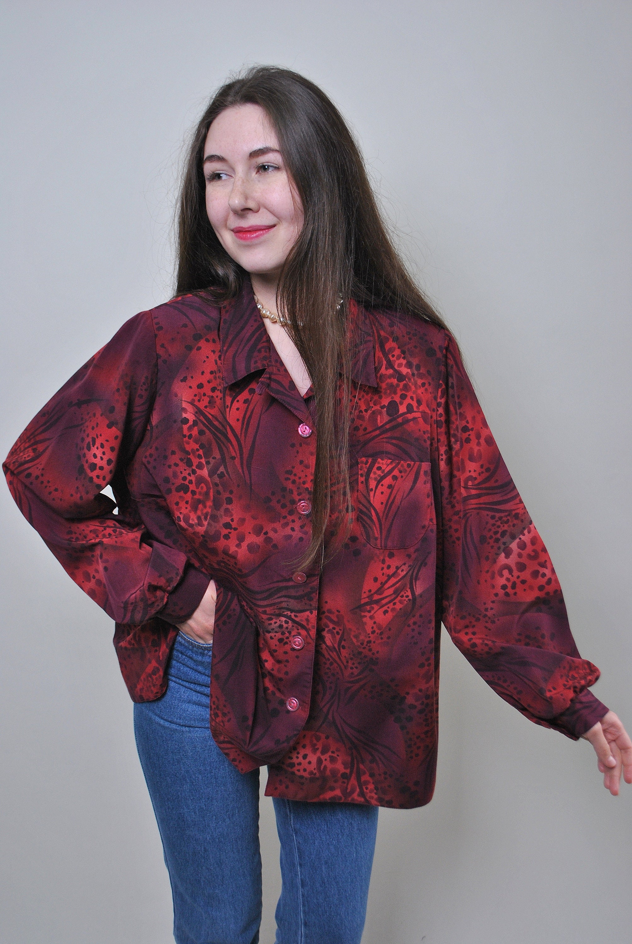 Vintage abstract oversized blouse woman red retro blouse Etsy