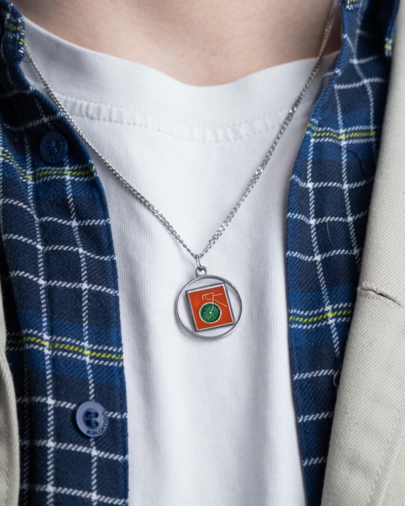 Cyclist Pendant Necklace, Retro Bicycle Medallion, Red Epoxy Sport Charm on Silver Chain