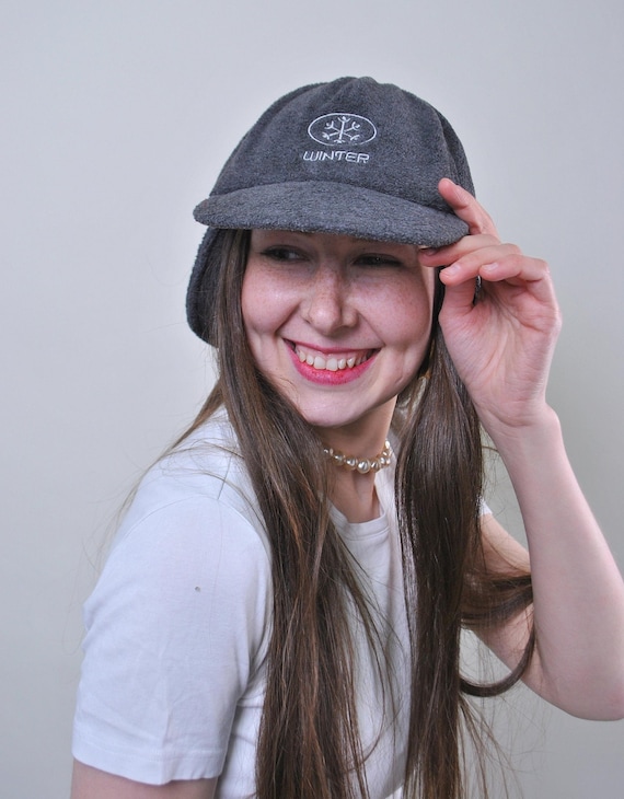 Grey Fleece Earflap Cap, Vintage 90s Snowflake Embroidered Winter Hat, One Size