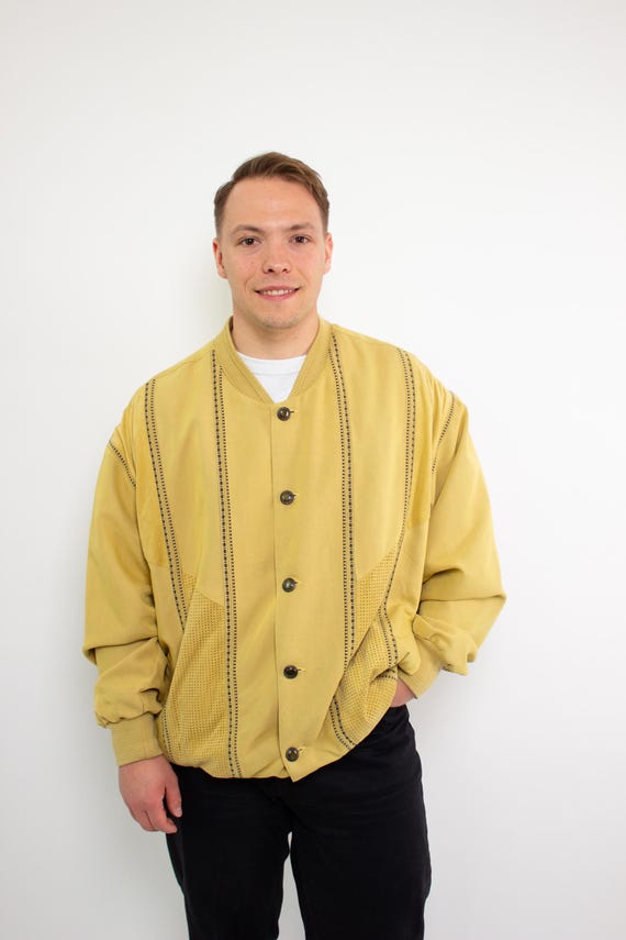 Mustard yellow vintage bomber jacket, 90s oversized button up with stripe trim, size XL