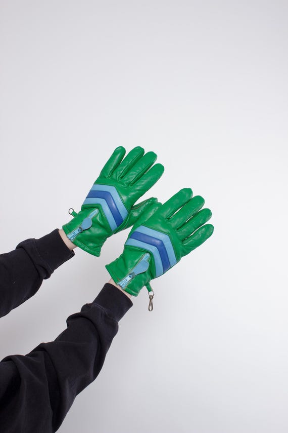 Vintage 80s Green Leather Winter Gloves, Retro Cold Weather Accessory, Warm Padded Gloves