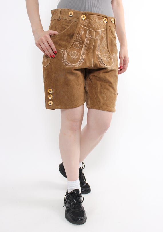 Vintage 90s Brown Suede Dirndl Shorts, Embroidered Bavarian Leather, Oktoberfest Size L