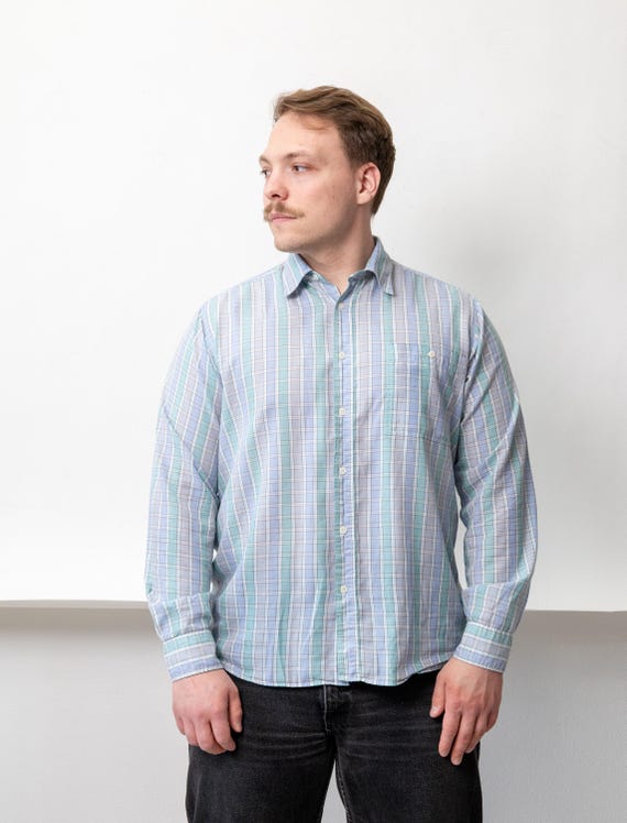 90s Pastel Plaid Shirt Vintage Mint Blue Check Cotton Button Up Size M