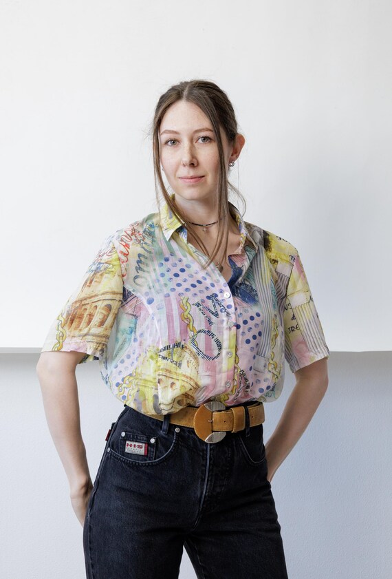 90s Pastel Italy Travel Print Shirt Vintage Colosseum Column Boxy Camp Collar Blouse M