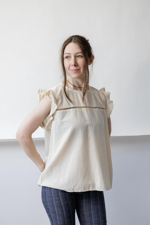 90s Ladder Lace Cotton Top Vintage Cream Flutter Sleeve Cutwork Cottagecore Blouse L
