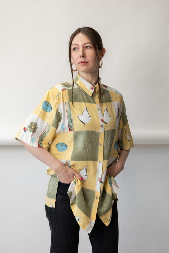 90s Yellow Green Checkerboard Bird Print Shirt Vintage Viscose Short Sleeve Blouse Size L