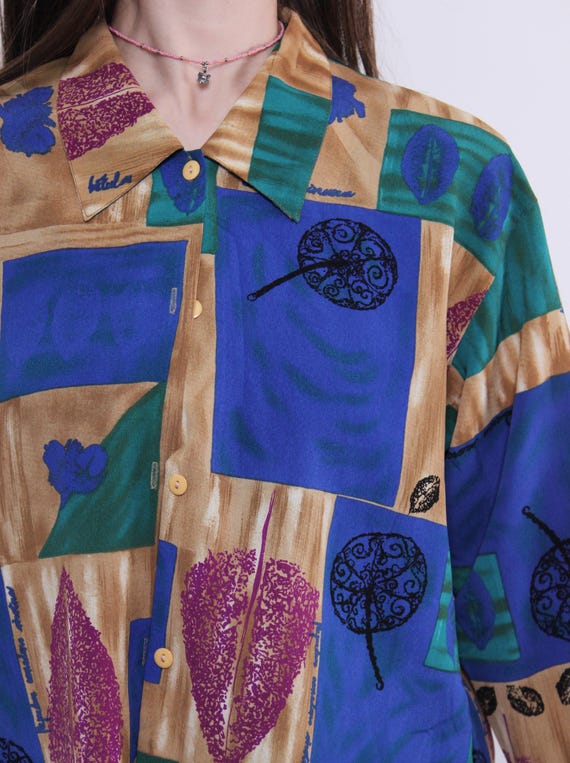 80s Abstract Art Print Blouse Vintage Blue Teal Gold Geometric Button Up Top M