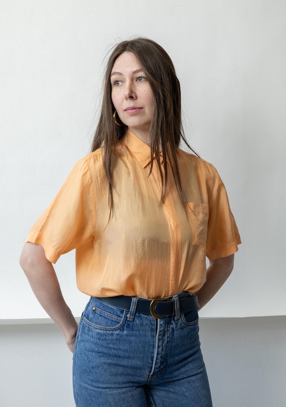90s Orange Silk Blouse Vintage Button Up Minimalist Patch Pocket Shirt Size M