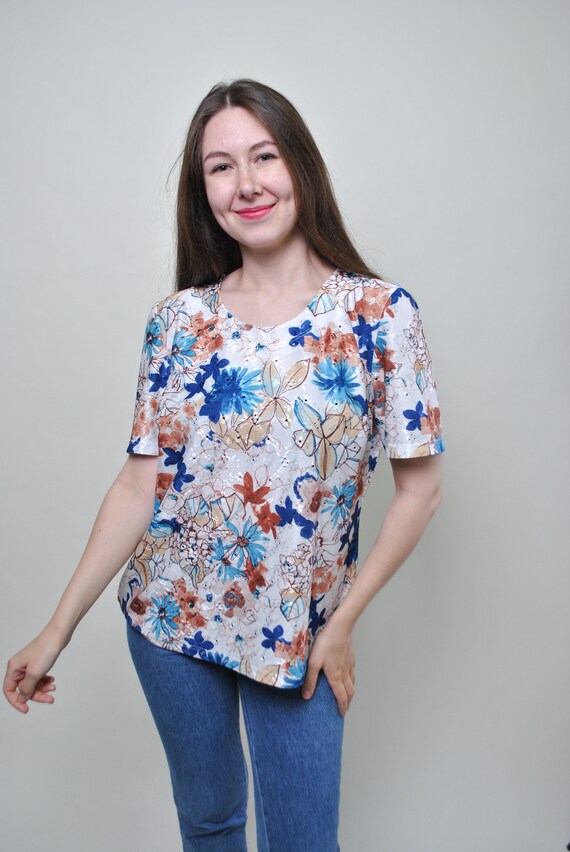 Vintage 90s Watercolor Floral Top, Metallic Sheen Blouse, Size M