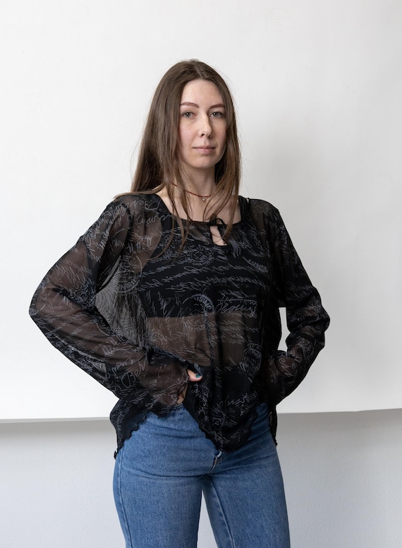 y2k Script Text Print Sheer Mesh Black Blouse Vintage Long Sleeve Top