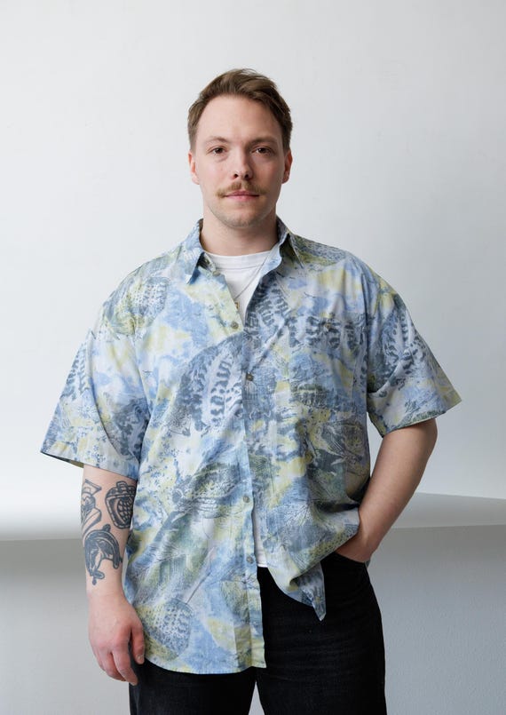 Pastel Abstract Print Shirt Mens 90s Boxy Short Sleeve Vintage Cotton Blend Size L