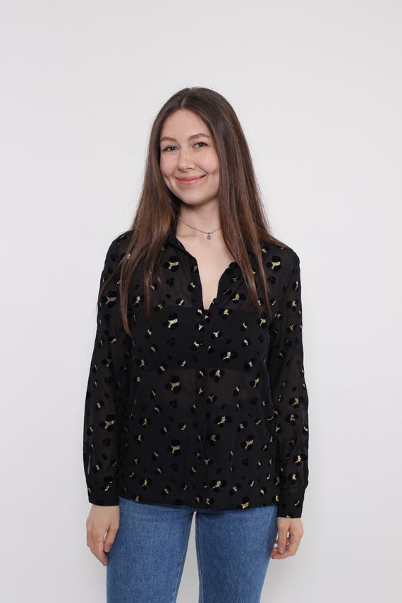 90s Black Gold Devoré Blouse Vintage Sheer Burnout Leopard Spot Long Sleeve Size S