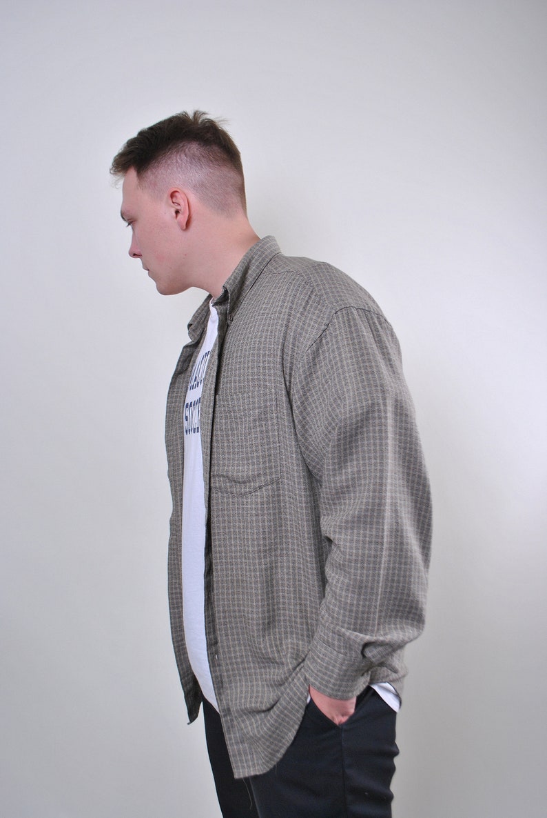 Vintage man grey plaid oversize long sleeve utility shirt Size L