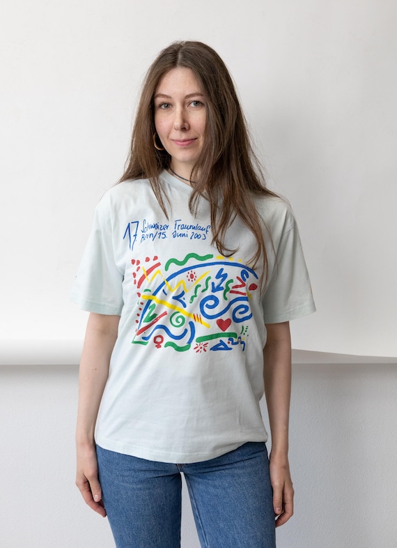 Y2K 2003 Marathon T-shirt Vintage Abstract Print Mint Cotton Sportswear Tee Size XS