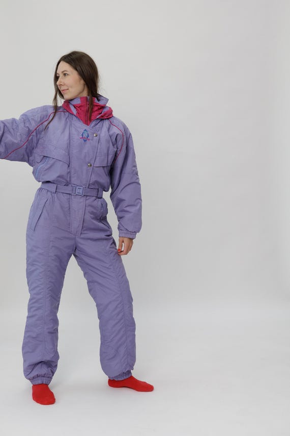 90s Purple Ski Suit Magenta Collar Concho Snaps Hooded Belted Snowsuit S/M
