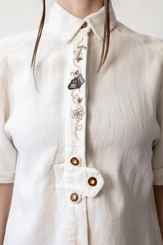 90s Edelweiss Embroidered Blouse Vintage Trachten Shirt White Cotton Folk Size L