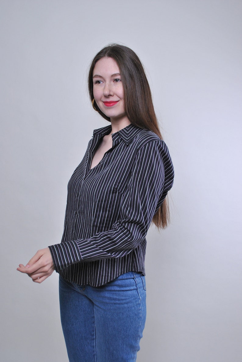 Vintage formal suit striped black blouse Size M