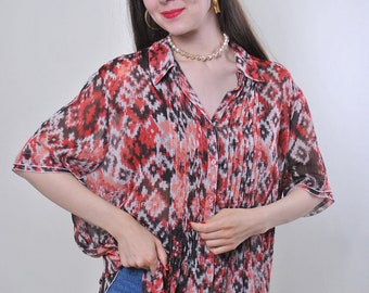 Vintage red abstract blouse, 90s Aztec national print top, woman transparent summer shirt, Size XL