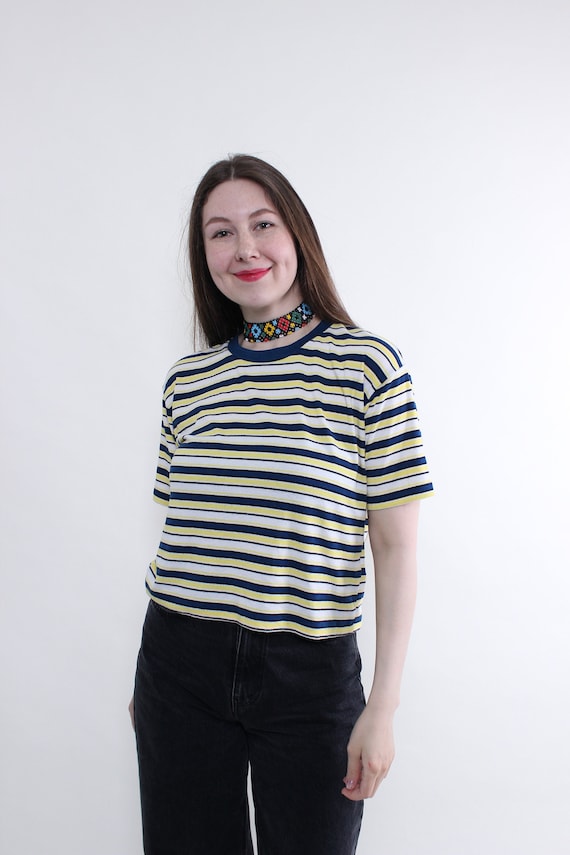 Navy Yellow Striped Crop Tee, 90s Boxy Crewneck Short Sleeve T-Shirt, Women's M