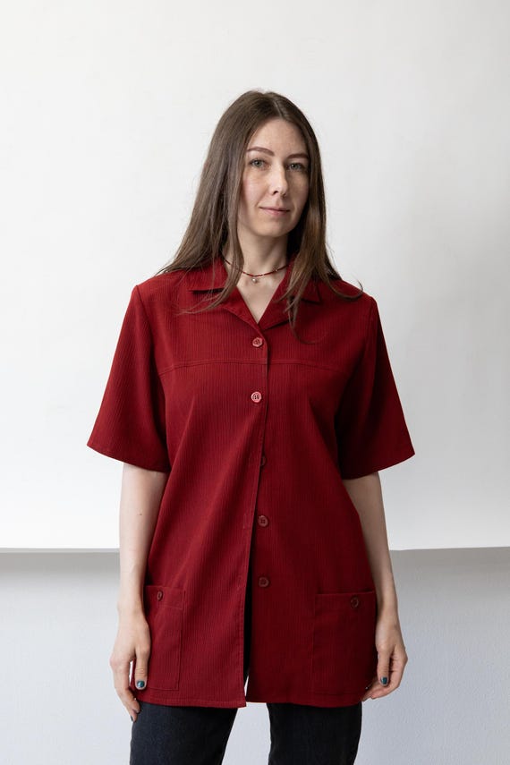 Vintage Red Longline Blouse L 90s Oversized Button Up Shirt