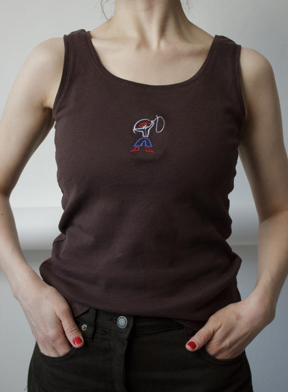 Cowboy Art Embroidered Reworked Tank Top Brown Cotton Wearable Art Size M