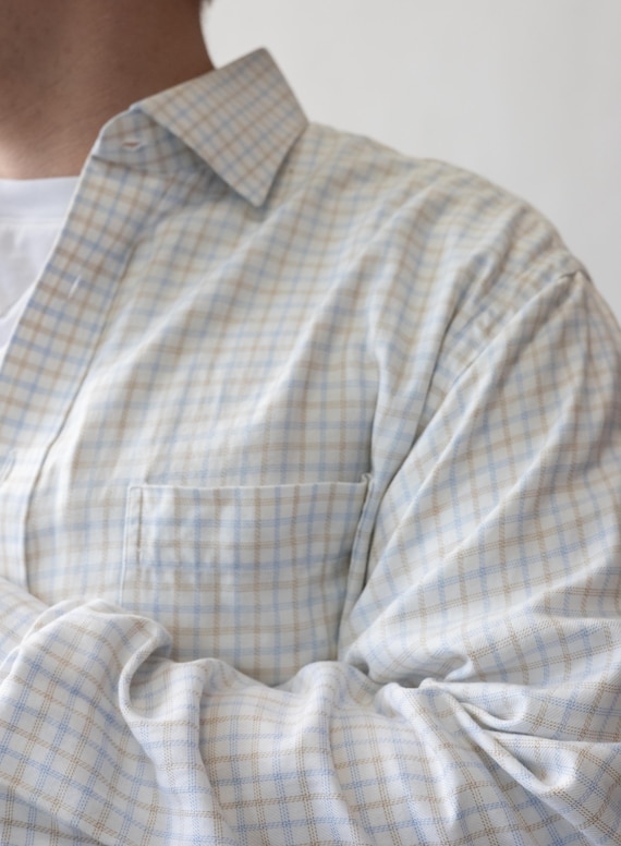 90s Tattersall Check Shirt Vintage Light Blue Tan Long Sleeve Minimalist Cotton Size L
