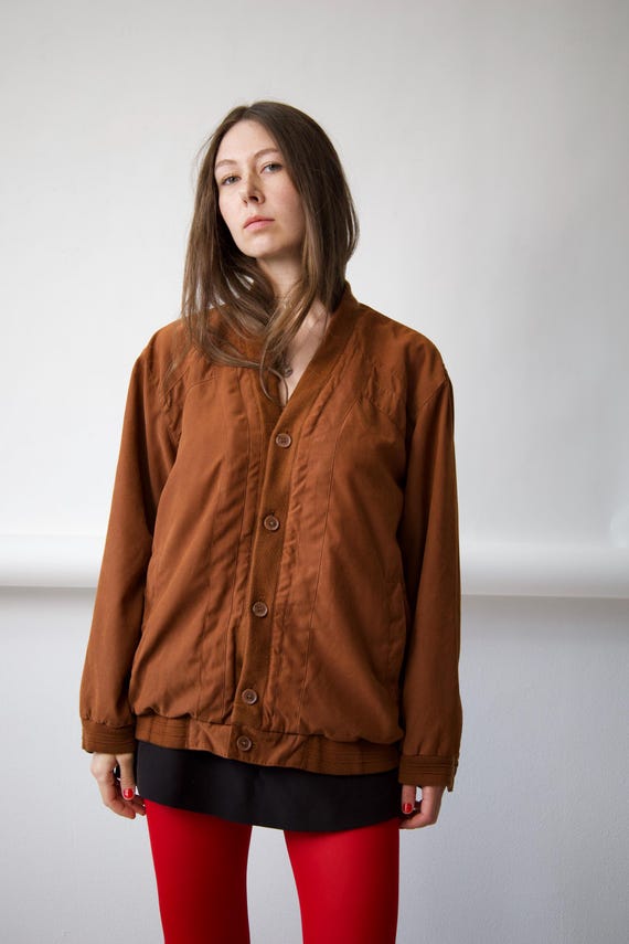 80s Rust Brown Collarless Bomber Jacket