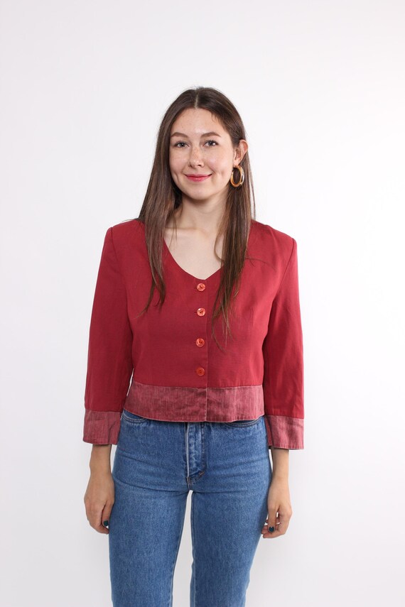 90s Vintage Linen Crop Blazer: Red Button-Front Jacket, Size M