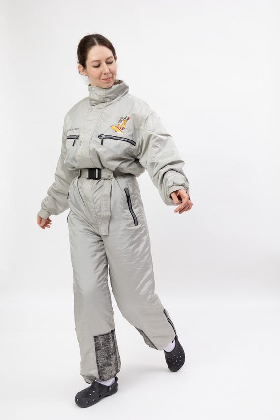 90s Grey Snowboard Suit Embroidered Cartoon Back Acid Wash Knee Panels M