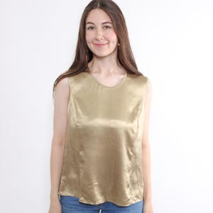 90s gold sleeveless top, vintage shiny blouse in satin-look polyester, Size M