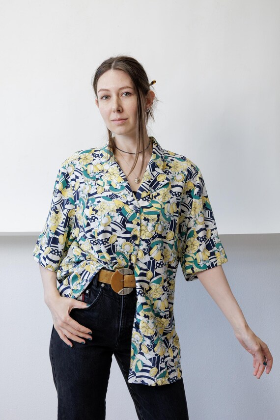 80s Navy Baroque Floral Print Shirt Vintage Oversized Longline Camp Collar Blouse XL