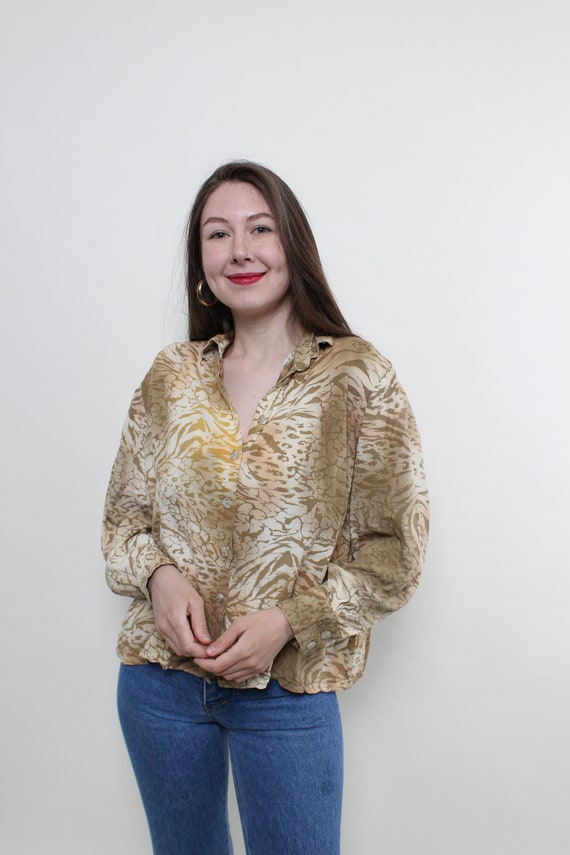 90s abstract print bohemian blouse, vintage button front relaxed fit blouse, Size L