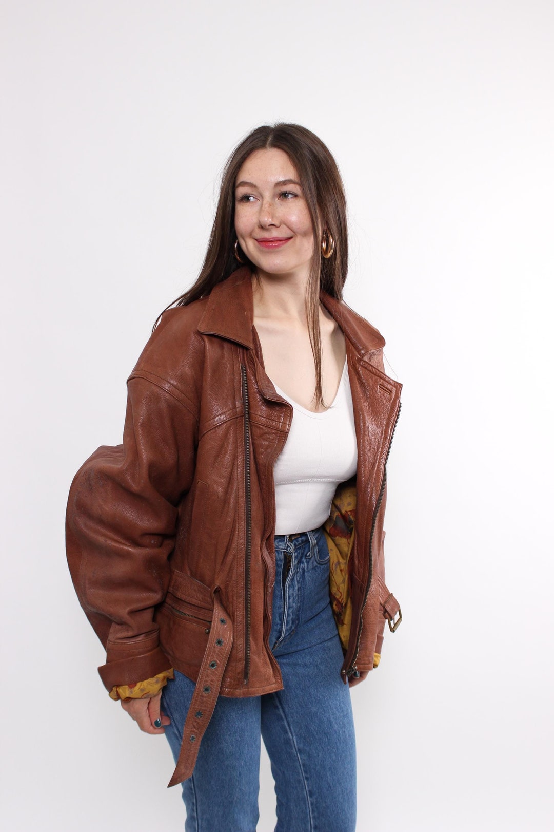 VTG 80s 90s BROWN LEATHER CROPPED BIKER JACKET SIZE UK 10 12