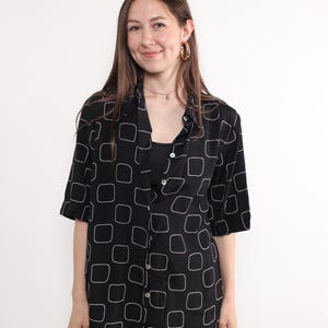 80s abstract print blouse in black, vintage shoulder pads bohemian blouse, Size L
