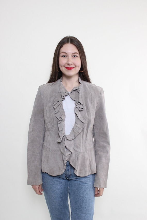 Dove Grey Suede Blazer Womens Ruffle Front Vintage Romantic Tailored Coquette Size L