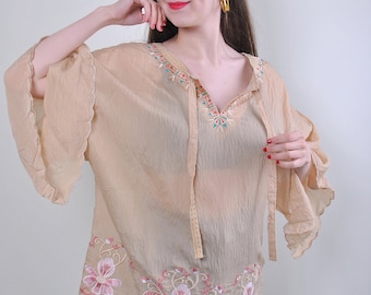 90s flowers embroidery blouse in beige, vintage floral sheer blouse,  Size M