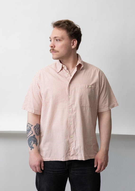 90s Pink Graph Check Shirt Vintage Short Sleeve Mens Summer Button Up Size L