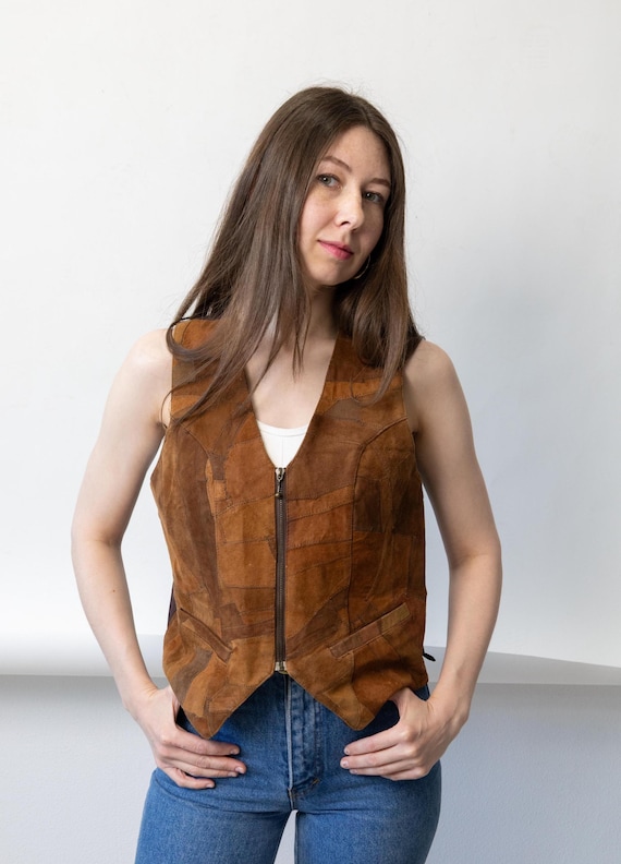 90s Patchwork Suede Vest Zip Front Boho Cropped Vintage Western Size M