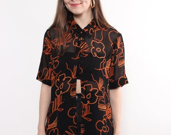 90s black flowers blouse, vintage funky floral print short sleeve summer button up shirt, Size L
