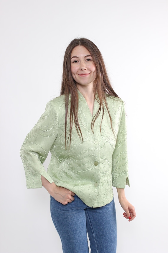Vintage Sage Green Textured Blazer, Paisley Quilted Brocade Top, 3/4 Sleeve Cardigan