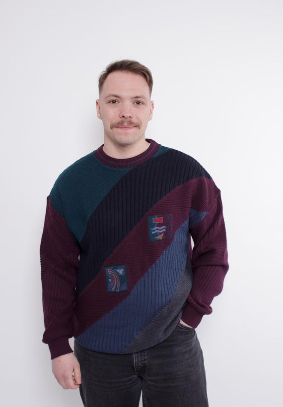 Vintage 90s Abstract Knit Sweater, Wool Unisex Winter Pullover, Size L