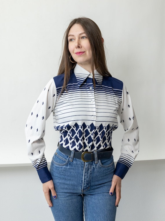 90s Navy Geometric Patchwork Print Blouse Vintage Abstract Button Up Shirt Size M