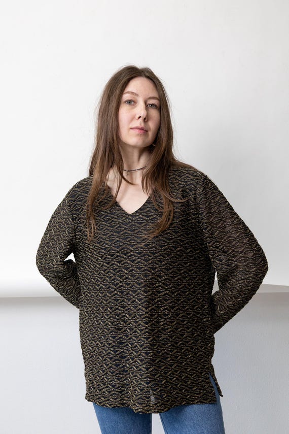 90s Black Sheer Mesh Blouse Vintage Gold Lurex Chevron V-Neck Tunic Top Size L