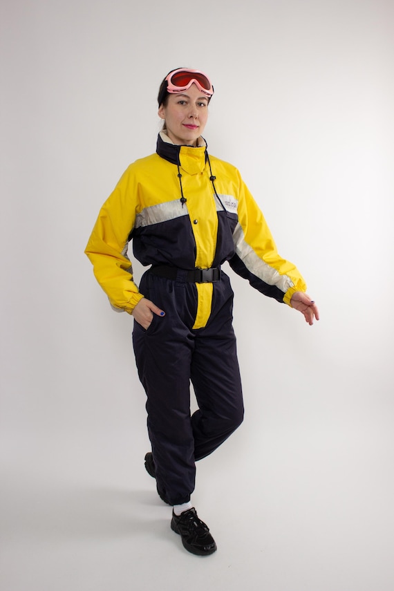 Vintage 90s One Piece Ski Suit, Womens Black Colorblock Snowsuit, Size M