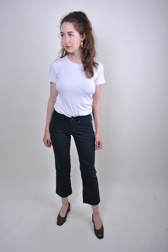 Y2k Navy Cropped Kick Flare Jeans Mid Rise Raw Hem Vintage Casual Trousers Small