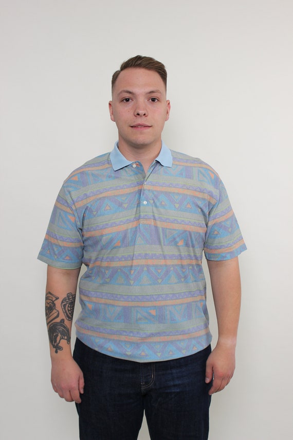 80s abstract print polo shirt, retro style multicolor thsirt, Size M