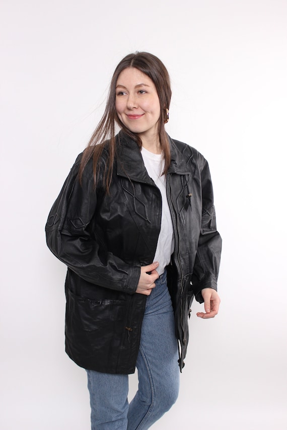 90s leather western jacket, vintage black leather… - image 1