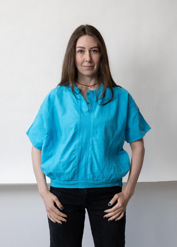 80s Turquoise Batwing Top Vintage Henley Dolman Banded Hem Short Sleeve Tshirt Size M