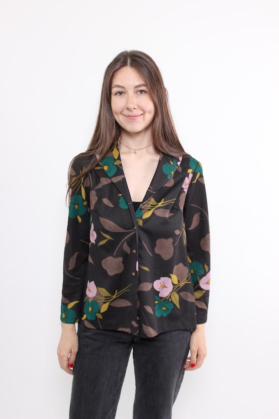 Black Bold Floral Satin Shawl Collar Long Sleeve Blouse Size M